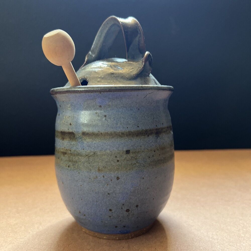 Handmade Signed Pottery Honey Pot With Stick Blue - Picture 2 of 9